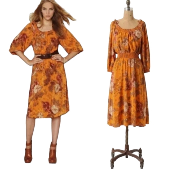 Anthropologie Cara Cara 100% silk orange print midi bohemian peasant dress sz 4 - Picture 1 of 12